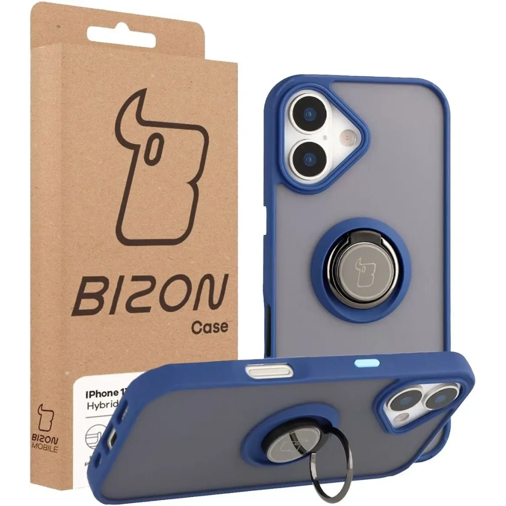 Etui z uchwytem na palec Bizon Case Hybrid Ring do Apple iPhone 17 przydymione z granatową ramką