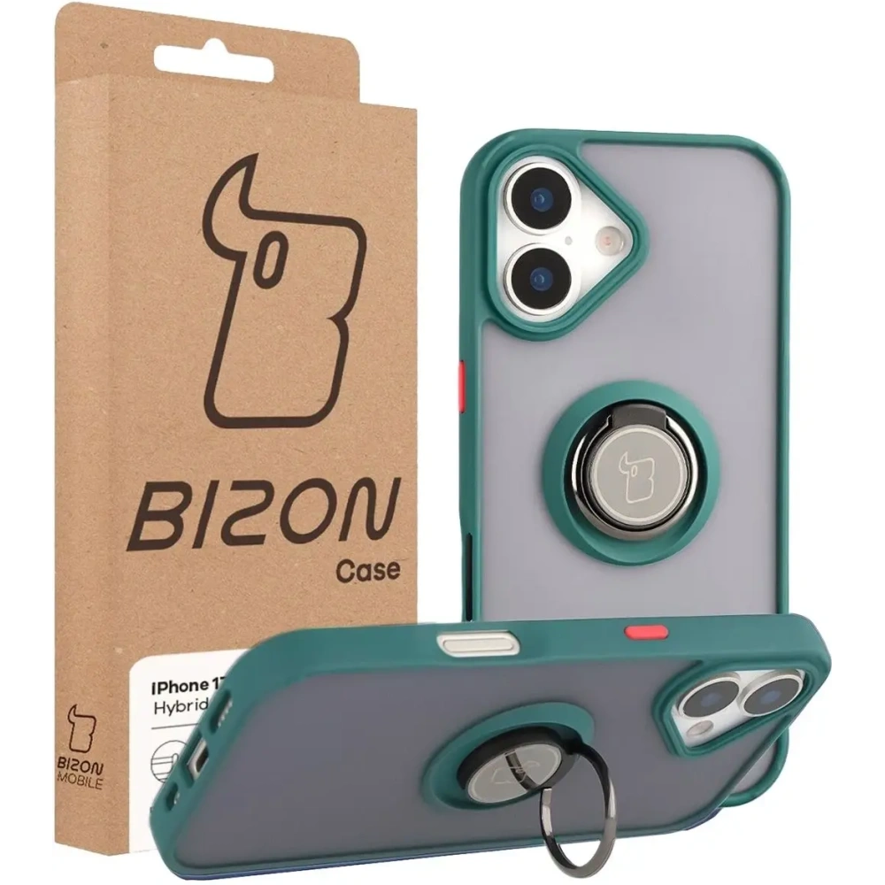 Etui z uchwytem na palec Bizon Case Hybrid Ring do Apple iPhone 17 przydymione z ciemnozieloną ramką