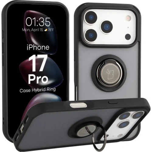 Etui z uchwytem na palec Bizon Case Hybrid Ring do Apple iPhone 17 Pro przydymione z czarną ramką