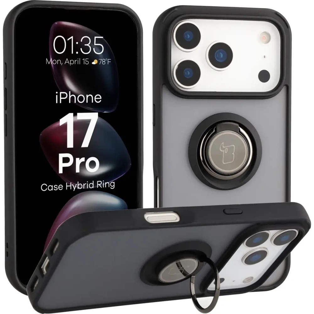 Etui z uchwytem na palec Bizon Case Hybrid Ring do Apple iPhone 17 Pro przydymione z czarną ramką