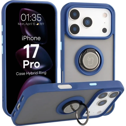 Etui z uchwytem na palec Bizon Case Hybrid Ring do Apple iPhone 17 Pro przydymione z granatową ramką