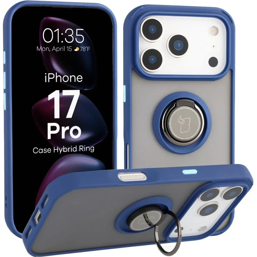 Etui z uchwytem na palec Bizon Case Hybrid Ring do Apple iPhone 17 Pro przydymione z granatową ramką