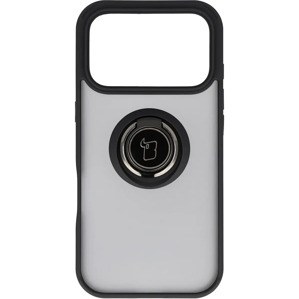 Etui z uchwytem na palec Bizon Case Hybrid Ring do Apple iPhone 17 Pro przydymione z czarną ramką