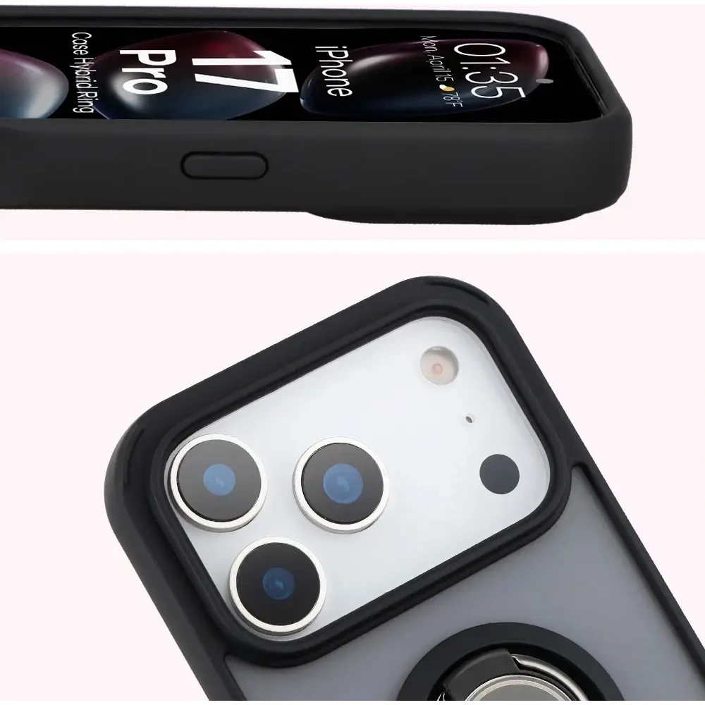 Etui z uchwytem na palec Bizon Case Hybrid Ring do Apple iPhone 17 Pro przydymione z czarną ramką