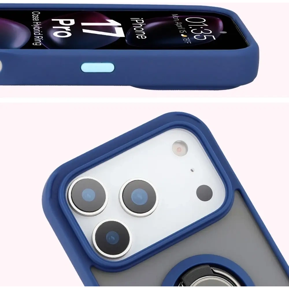 Etui z uchwytem na palec Bizon Case Hybrid Ring do Apple iPhone 17 Pro przydymione z granatową ramką