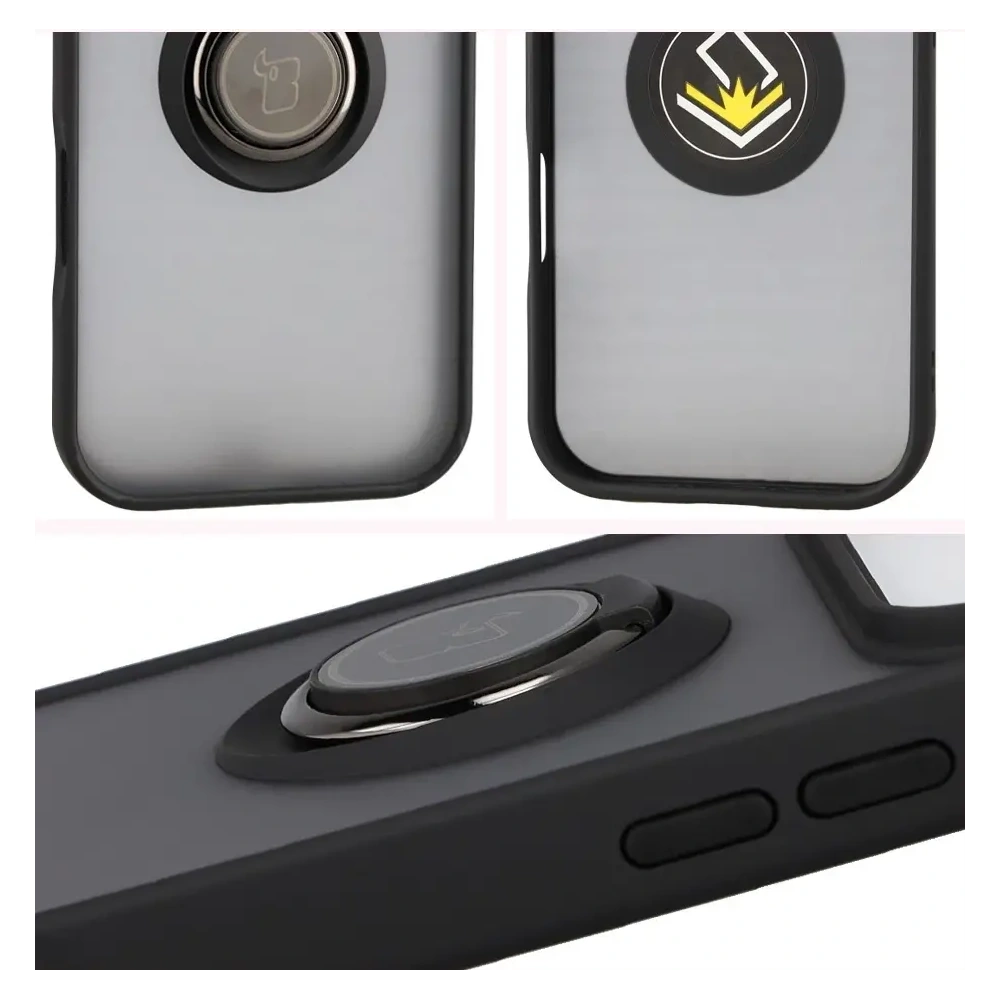 Etui z uchwytem na palec Bizon Case Hybrid Ring do Apple iPhone 17 Pro przydymione z czarną ramką