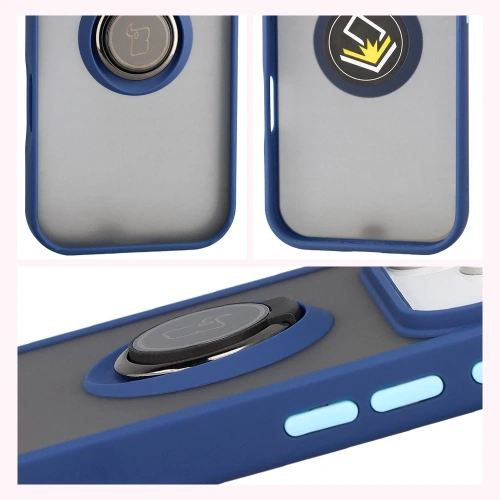 Etui z uchwytem na palec Bizon Case Hybrid Ring do Apple iPhone 17 Pro przydymione z granatową ramką