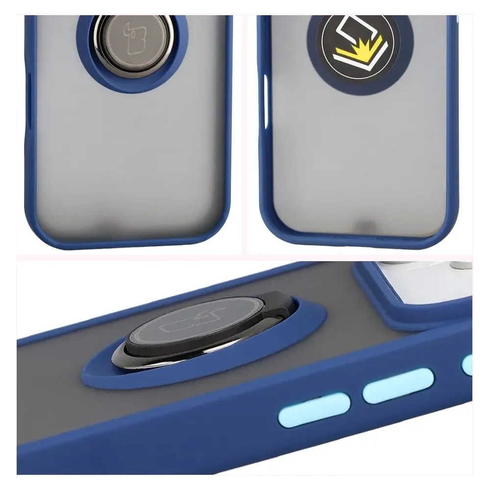 Etui z uchwytem na palec Bizon Case Hybrid Ring do Apple iPhone 17 Pro przydymione z granatową ramką