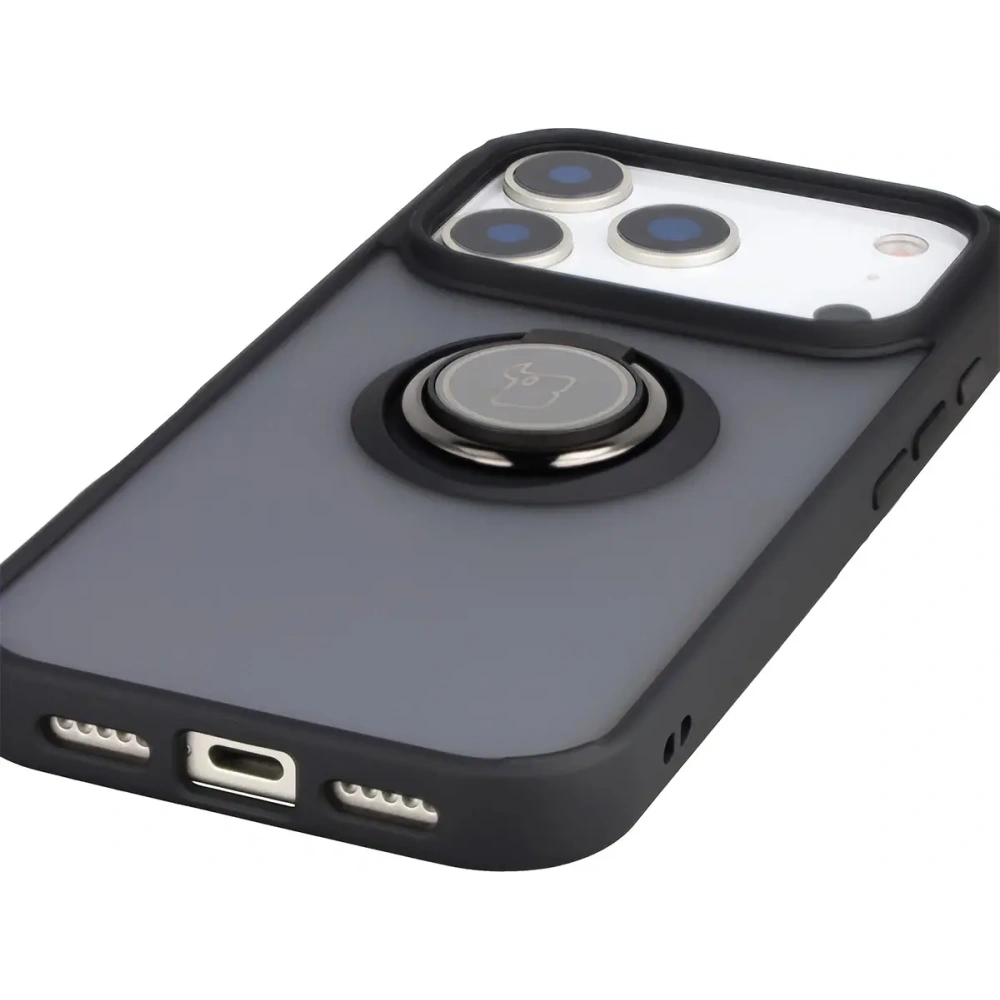 Etui z uchwytem na palec Bizon Case Hybrid Ring do Apple iPhone 17 Pro przydymione z czarną ramką
