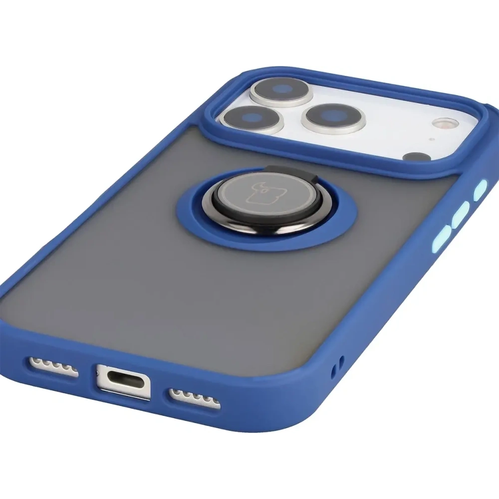 Etui z uchwytem na palec Bizon Case Hybrid Ring do Apple iPhone 17 Pro przydymione z granatową ramką