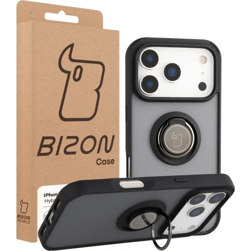 Etui z uchwytem na palec Bizon Case Hybrid Ring do Apple iPhone 17 Pro przydymione z czarną ramką