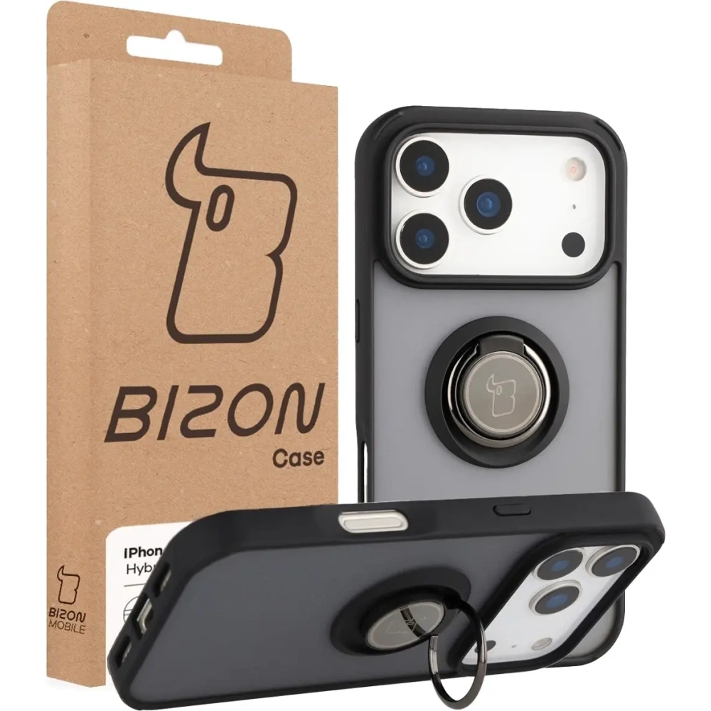 Etui z uchwytem na palec Bizon Case Hybrid Ring do Apple iPhone 17 Pro przydymione z czarną ramką