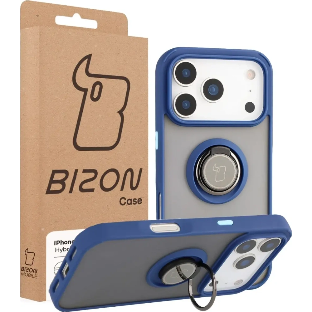 Etui z uchwytem na palec Bizon Case Hybrid Ring do Apple iPhone 17 Pro przydymione z granatową ramką
