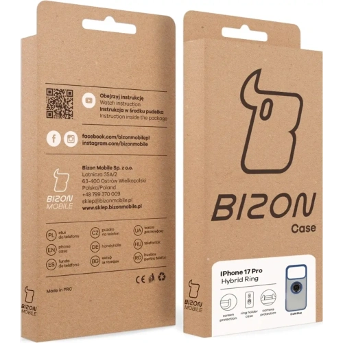 Etui z uchwytem na palec Bizon Case Hybrid Ring do Apple iPhone 17 Pro przydymione z granatową ramką