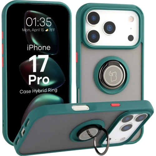 Etui z uchwytem na palec Bizon Case Hybrid Ring do Apple iPhone 17 Pro przydymione z ciemnozieloną ramką