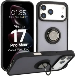 Etui z uchwytem na palec Bizon Case Hybrid Ring do Apple iPhone 17 Pro Max przydymione z czarną ramką