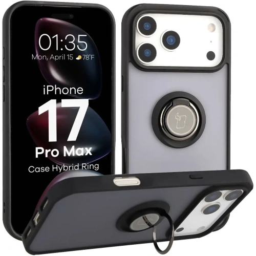 Etui z uchwytem na palec Bizon Case Hybrid Ring do Apple iPhone 17 Pro Max przydymione z czarną ramką