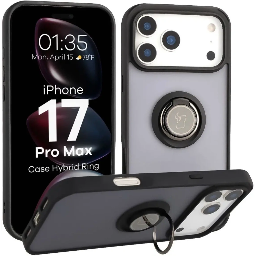 Etui z uchwytem na palec Bizon Case Hybrid Ring do Apple iPhone 17 Pro Max przydymione z czarną ramką