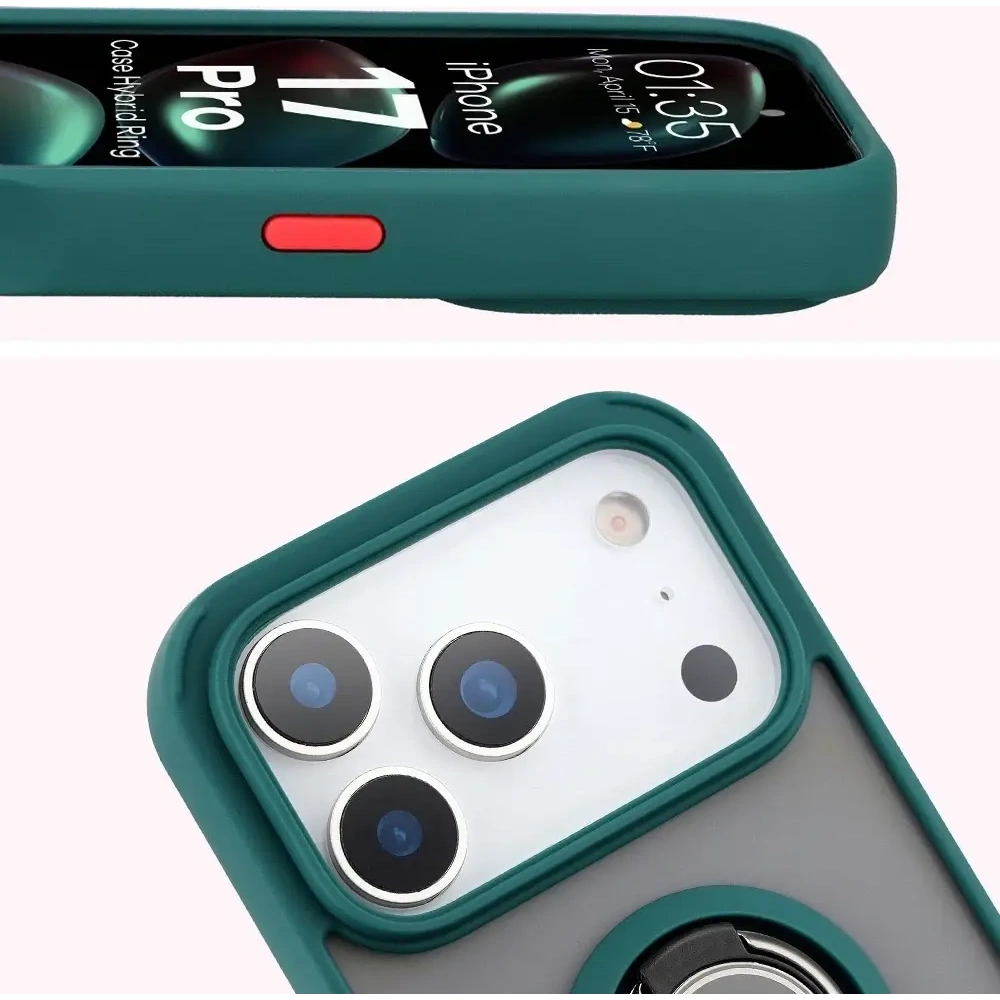 Etui z uchwytem na palec Bizon Case Hybrid Ring do Apple iPhone 17 Pro przydymione z ciemnozieloną ramką