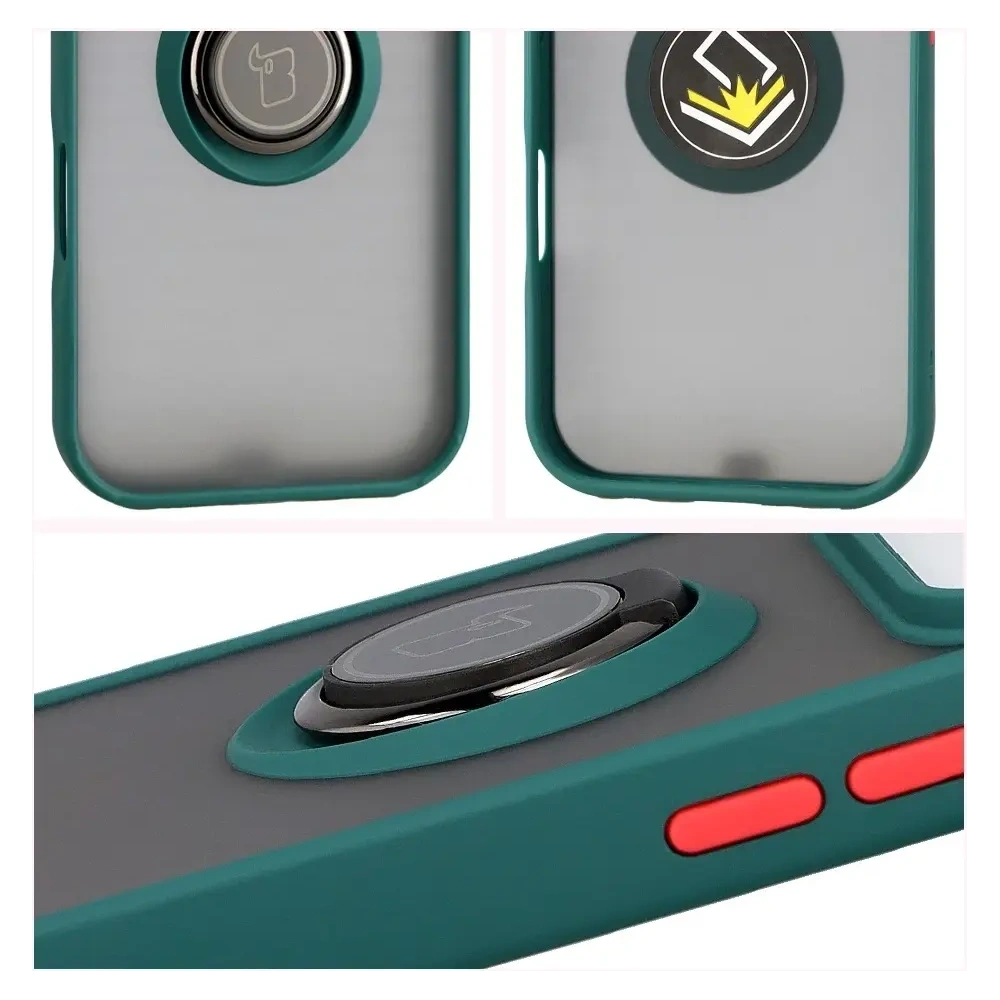 Etui z uchwytem na palec Bizon Case Hybrid Ring do Apple iPhone 17 Pro przydymione z ciemnozieloną ramką
