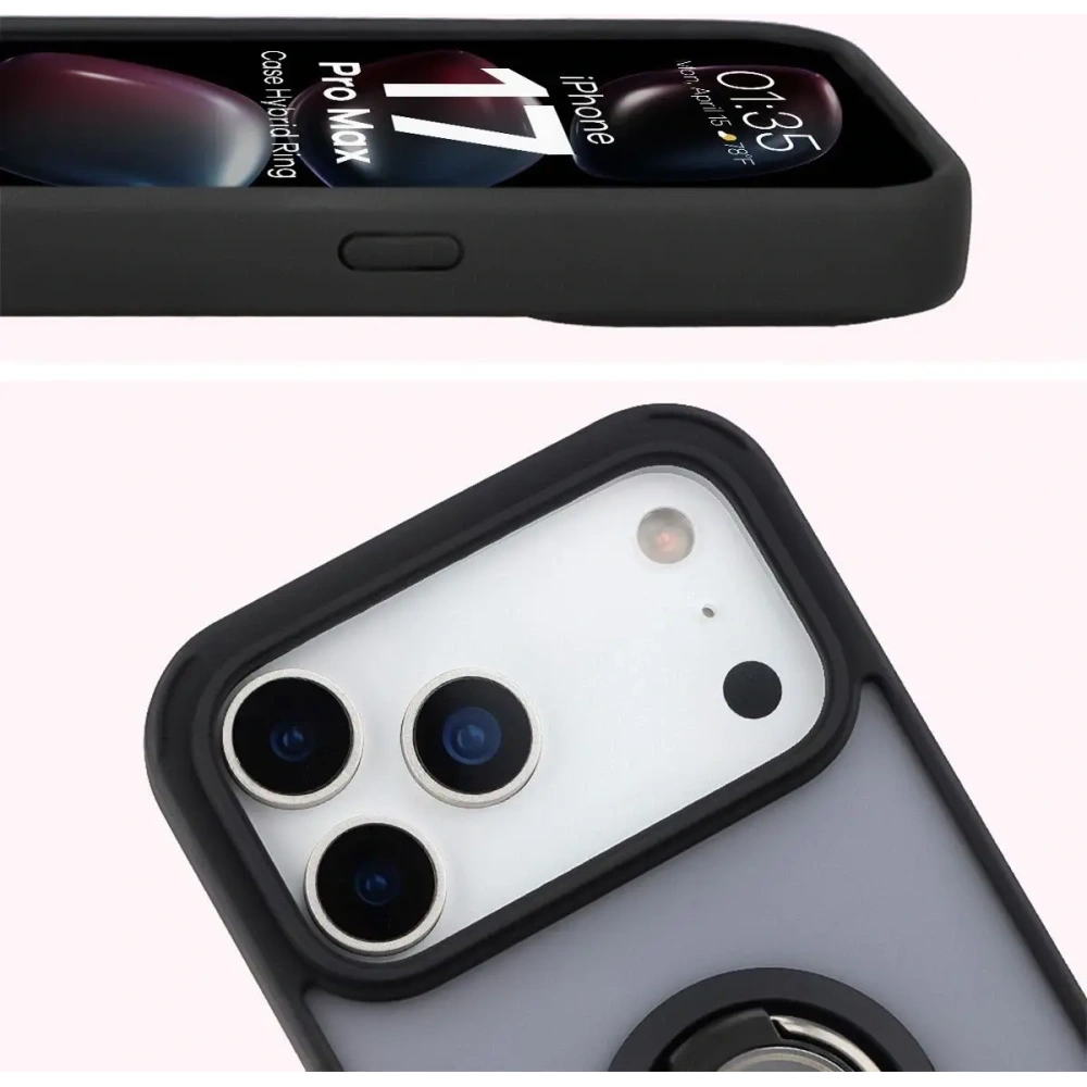 Etui z uchwytem na palec Bizon Case Hybrid Ring do Apple iPhone 17 Pro Max przydymione z czarną ramką