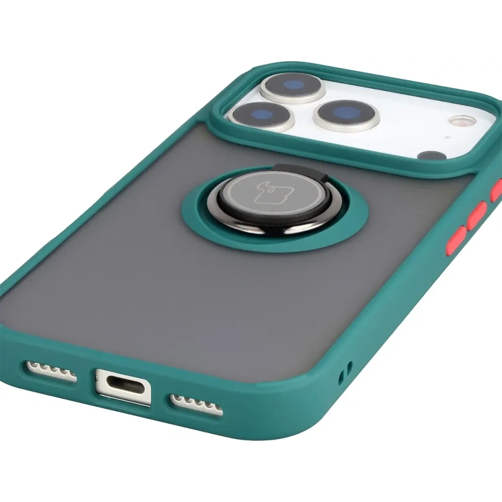 Etui z uchwytem na palec Bizon Case Hybrid Ring do Apple iPhone 17 Pro przydymione z ciemnozieloną ramką