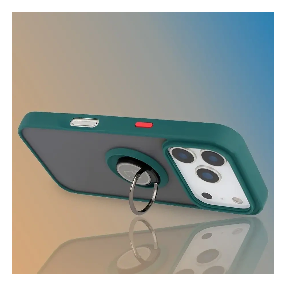 Etui z uchwytem na palec Bizon Case Hybrid Ring do Apple iPhone 17 Pro przydymione z ciemnozieloną ramką