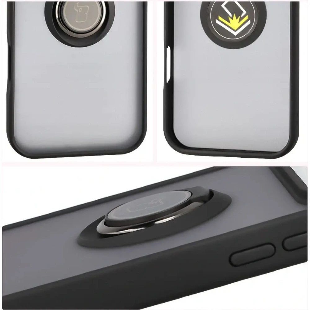 Etui z uchwytem na palec Bizon Case Hybrid Ring do Apple iPhone 17 Pro Max przydymione z czarną ramką