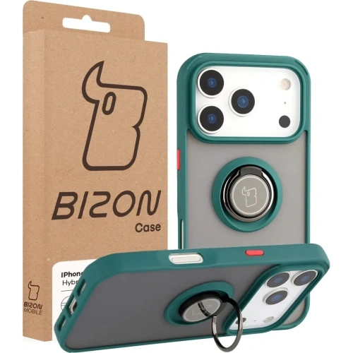 Etui z uchwytem na palec Bizon Case Hybrid Ring do Apple iPhone 17 Pro przydymione z ciemnozieloną ramką