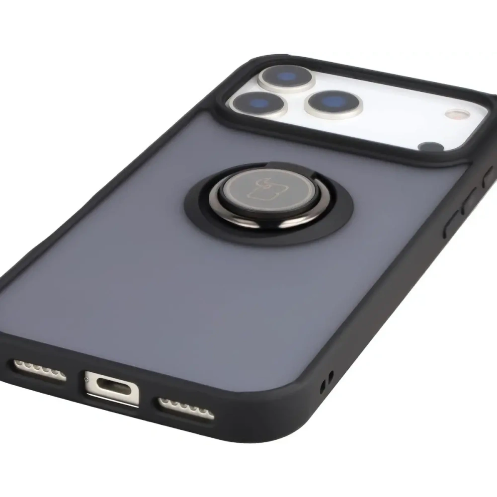 Etui z uchwytem na palec Bizon Case Hybrid Ring do Apple iPhone 17 Pro Max przydymione z czarną ramką