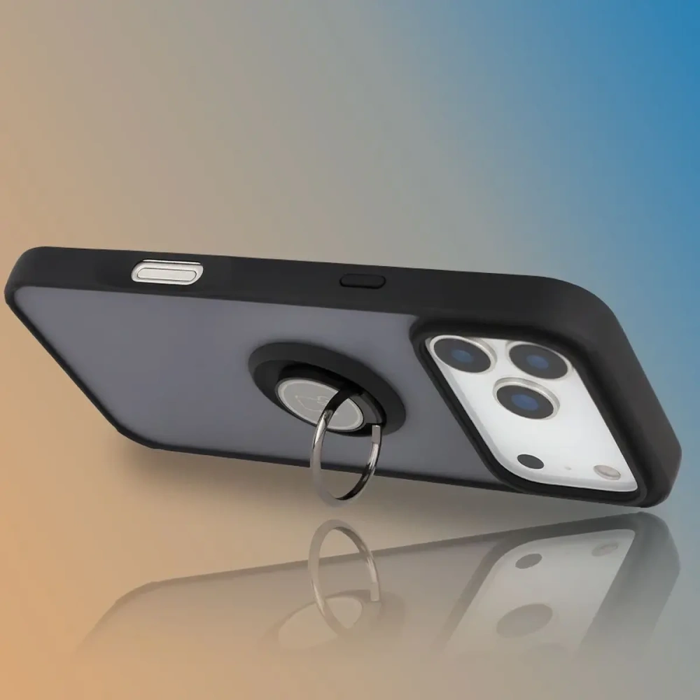 Etui z uchwytem na palec Bizon Case Hybrid Ring do Apple iPhone 17 Pro Max przydymione z czarną ramką