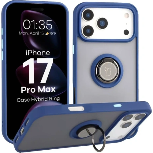 Etui z uchwytem na palec Bizon Case Hybrid Ring do Apple iPhone 17 Pro Max przydymione z granatową ramką