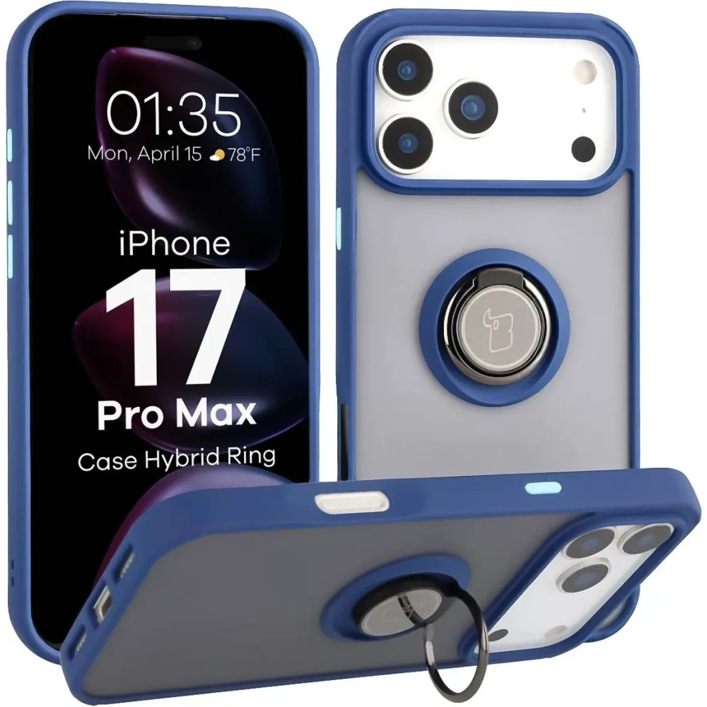Etui z uchwytem na palec Bizon Case Hybrid Ring do Apple iPhone 17 Pro Max przydymione z granatową ramką