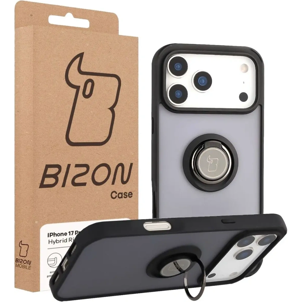 Etui z uchwytem na palec Bizon Case Hybrid Ring do Apple iPhone 17 Pro Max przydymione z czarną ramką
