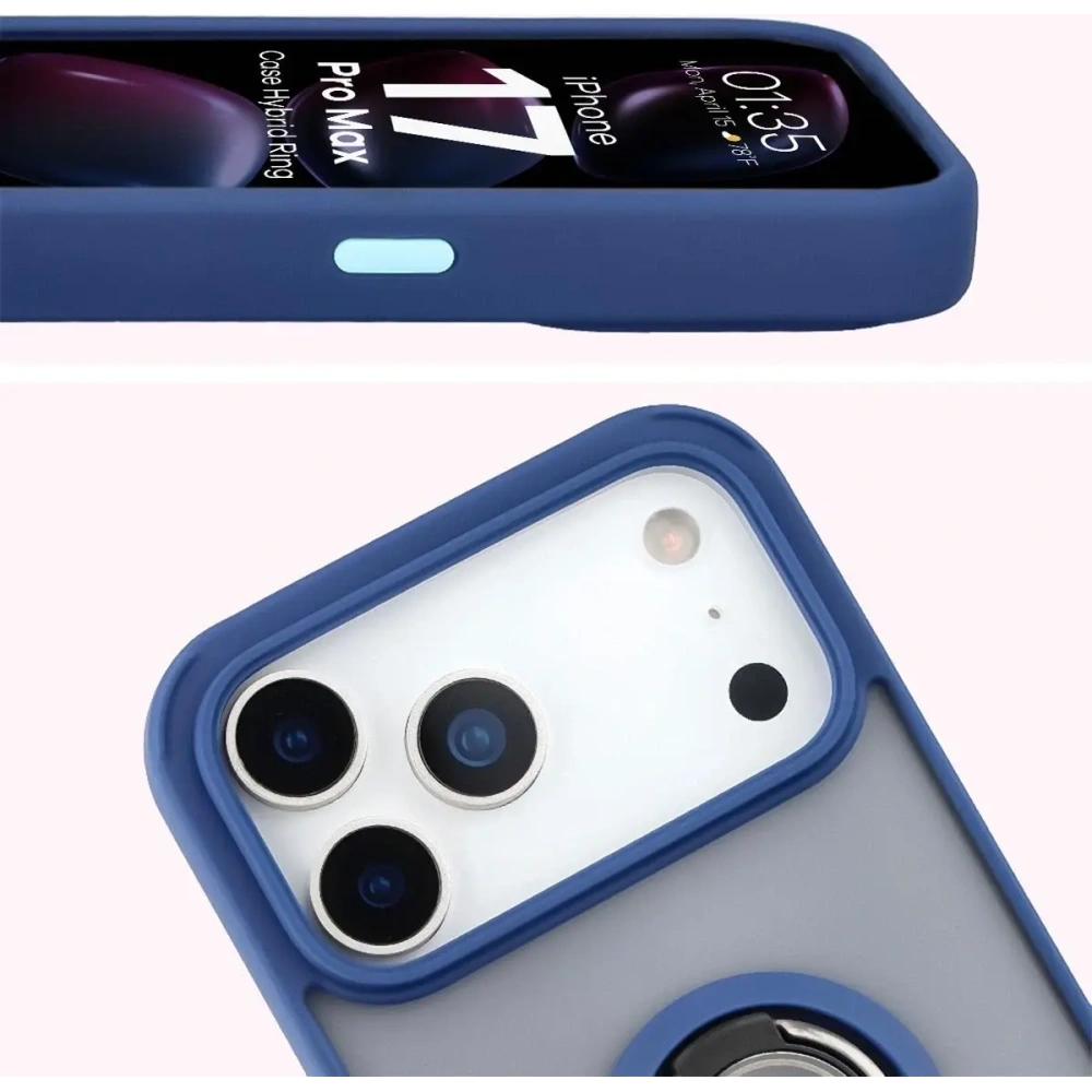 Etui z uchwytem na palec Bizon Case Hybrid Ring do Apple iPhone 17 Pro Max przydymione z granatową ramką