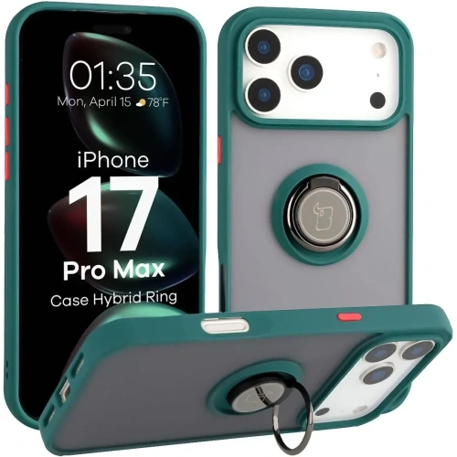 Etui z uchwytem na palec Bizon Case Hybrid Ring do Apple iPhone 17 Pro Max przydymione z ciemnozieloną ramką
