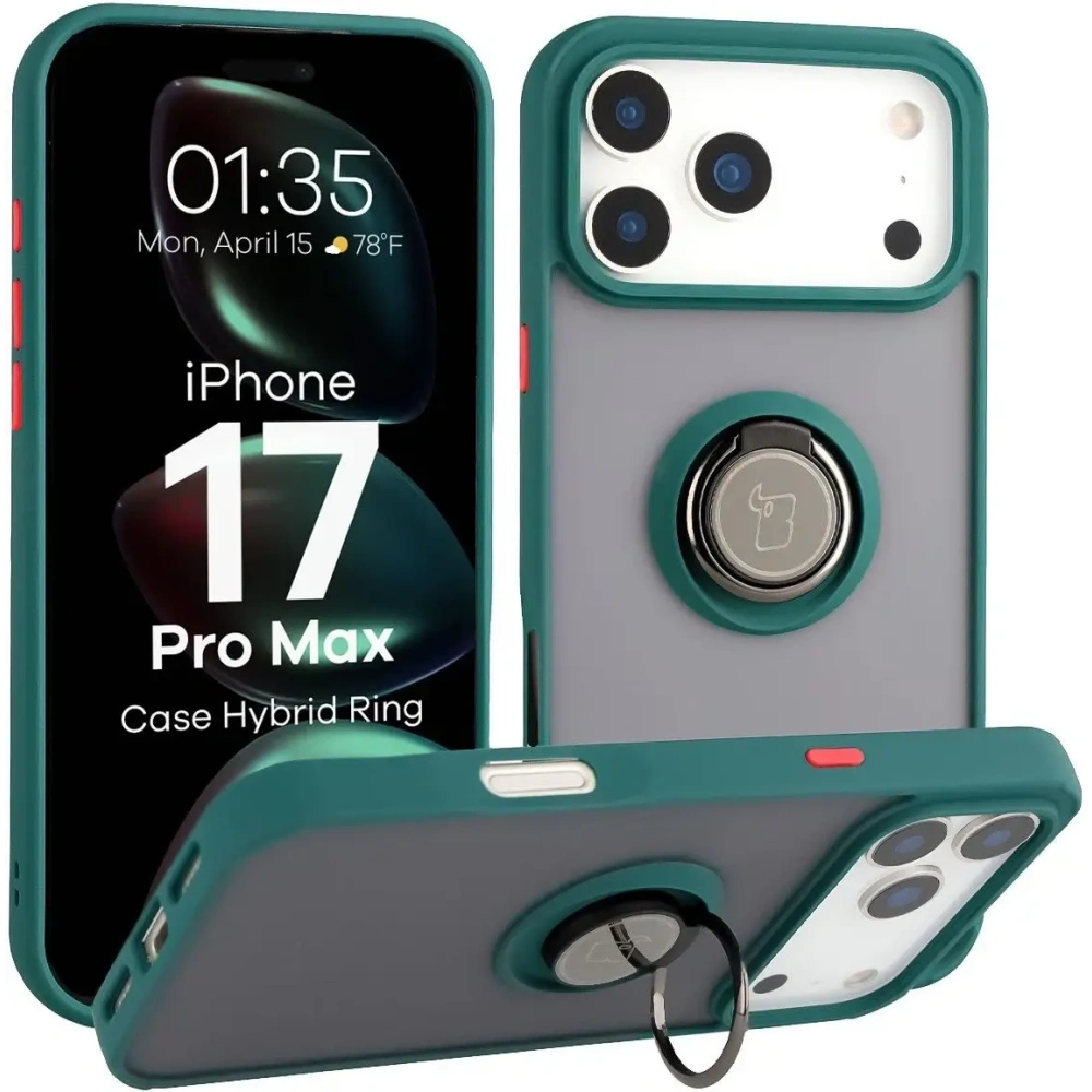 Etui z uchwytem na palec Bizon Case Hybrid Ring do Apple iPhone 17 Pro Max przydymione z ciemnozieloną ramką