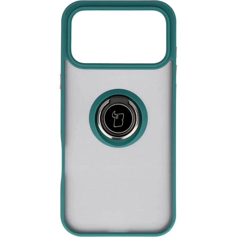 Etui z uchwytem na palec Bizon Case Hybrid Ring do Apple iPhone 17 Pro Max przydymione z ciemnozieloną ramką