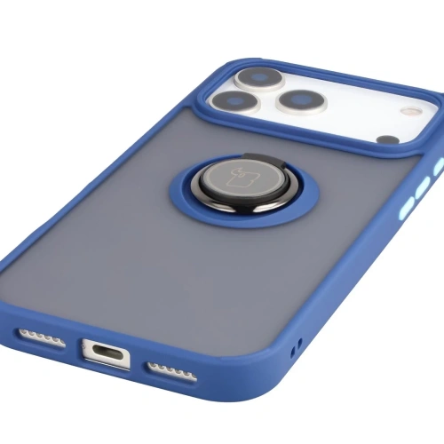 Etui z uchwytem na palec Bizon Case Hybrid Ring do Apple iPhone 17 Pro Max przydymione z granatową ramką