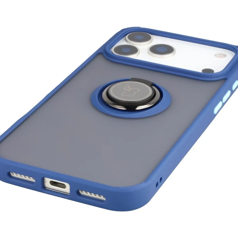 Etui z uchwytem na palec Bizon Case Hybrid Ring do Apple iPhone 17 Pro Max przydymione z granatową ramką