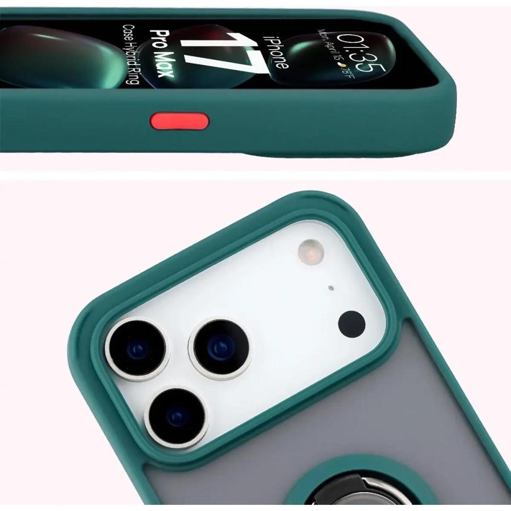 Etui z uchwytem na palec Bizon Case Hybrid Ring do Apple iPhone 17 Pro Max przydymione z ciemnozieloną ramką