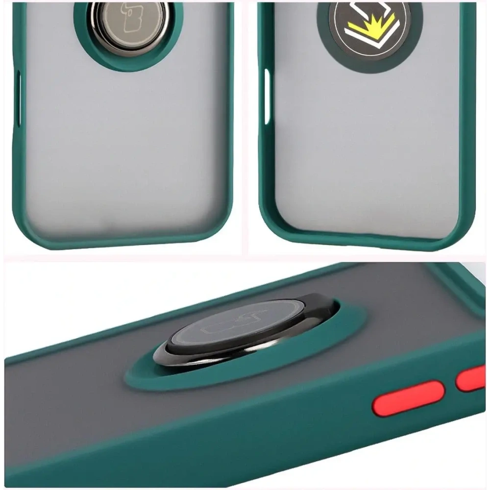 Etui z uchwytem na palec Bizon Case Hybrid Ring do Apple iPhone 17 Pro Max przydymione z ciemnozieloną ramką