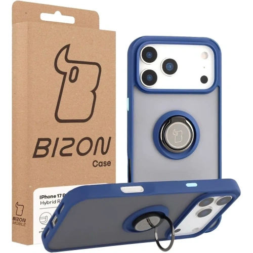 Etui z uchwytem na palec Bizon Case Hybrid Ring do Apple iPhone 17 Pro Max przydymione z granatową ramką