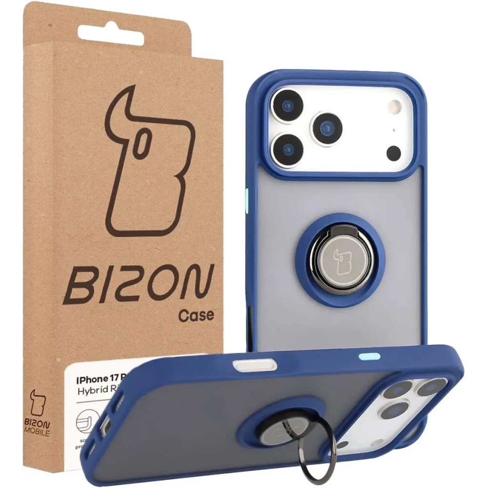 Etui z uchwytem na palec Bizon Case Hybrid Ring do Apple iPhone 17 Pro Max przydymione z granatową ramką