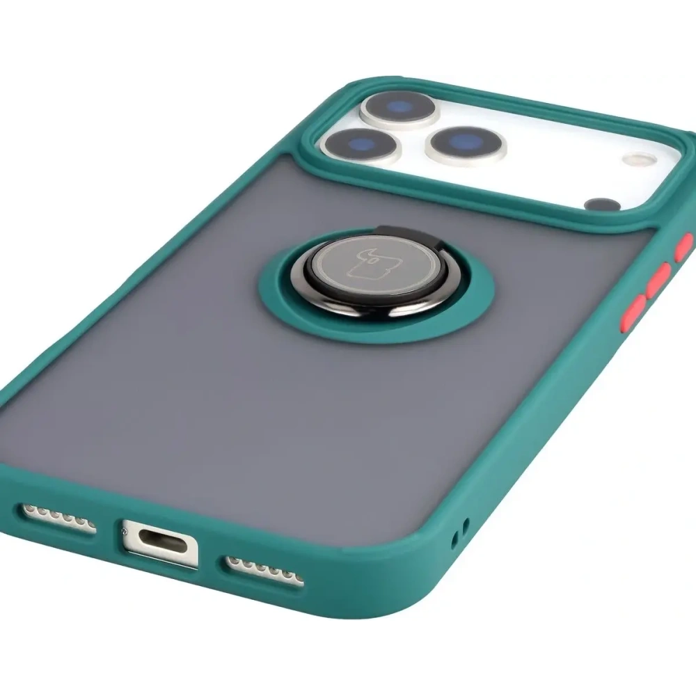Etui z uchwytem na palec Bizon Case Hybrid Ring do Apple iPhone 17 Pro Max przydymione z ciemnozieloną ramką