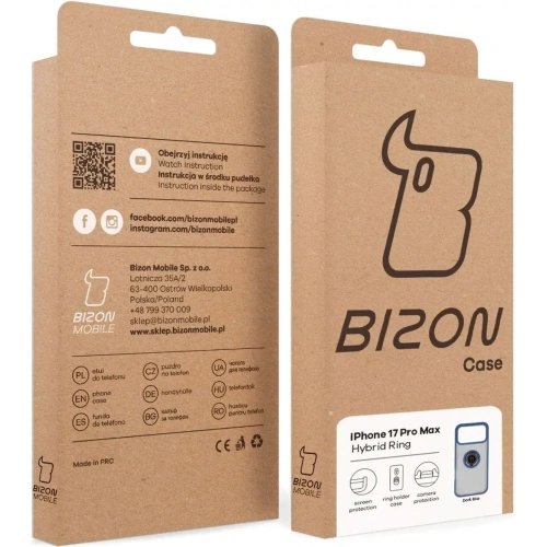 Etui z uchwytem na palec Bizon Case Hybrid Ring do Apple iPhone 17 Pro Max przydymione z granatową ramką