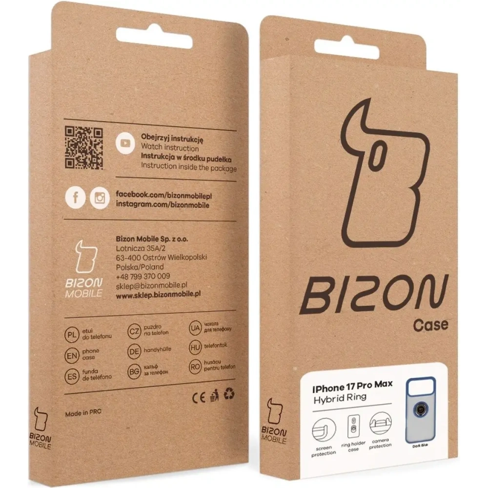 Etui z uchwytem na palec Bizon Case Hybrid Ring do Apple iPhone 17 Pro Max przydymione z granatową ramką
