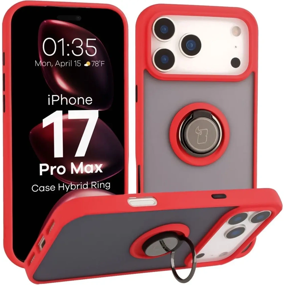 Etui z uchwytem na palec Bizon Case Hybrid Ring do Apple iPhone 17 Pro Max przydymione z czerwoną ramką