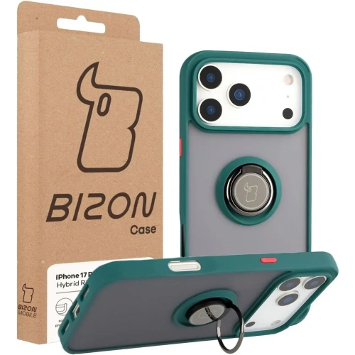 Etui z uchwytem na palec Bizon Case Hybrid Ring do Apple iPhone 17 Pro Max przydymione z ciemnozieloną ramką
