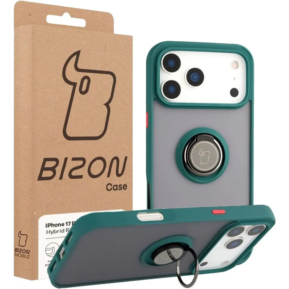 Etui z uchwytem na palec Bizon Case Hybrid Ring do Apple iPhone 17 Pro Max przydymione z ciemnozieloną ramką